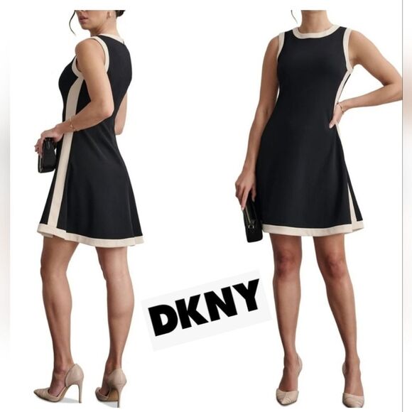 DKNY Colorblocked Fit/Flare Sleeveless Dress - Picture 1 of 16